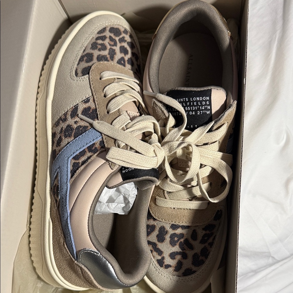 All Saints Leopard-Print Sneakers with Taupe and Blue Accents